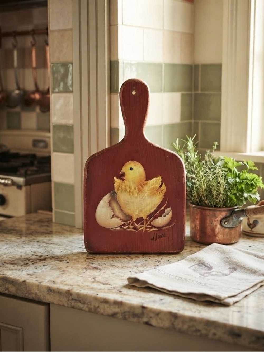 1970’s Vintage Hand-Painted Chick Cutting Board - Red Background, 🐣 baby chick